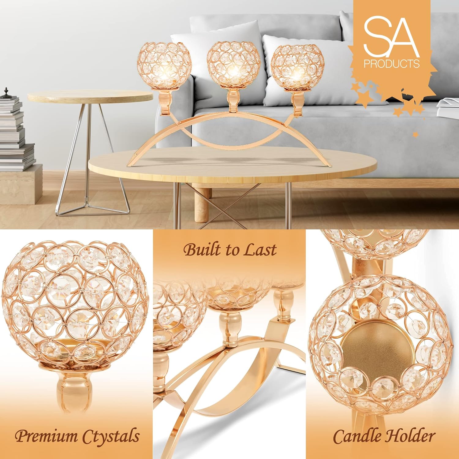 SA Products Crystal Candle Holder Bridge - Glass Ornaments for Tea Light, Taper Candles - Home Decor with Rust-Proof, Non-Slip Base - Christmas Centrepiece For Table Decorations & Centerpieces - Gold-3