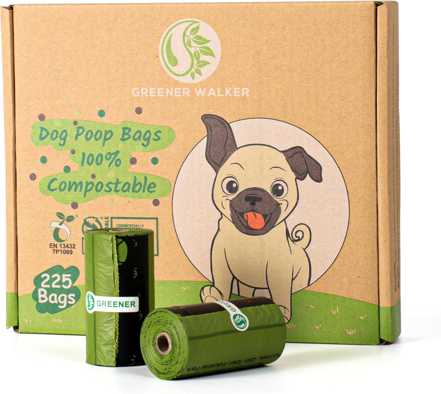 GREENER WALKER 100% Compostable Poo Bags for Dog Waste, 20% Extra Thick and Durable 225 Poop Bags, Leak Proof Biodegradable Dog Poo Bags with EN13432 and BPI Certified (Green)-0