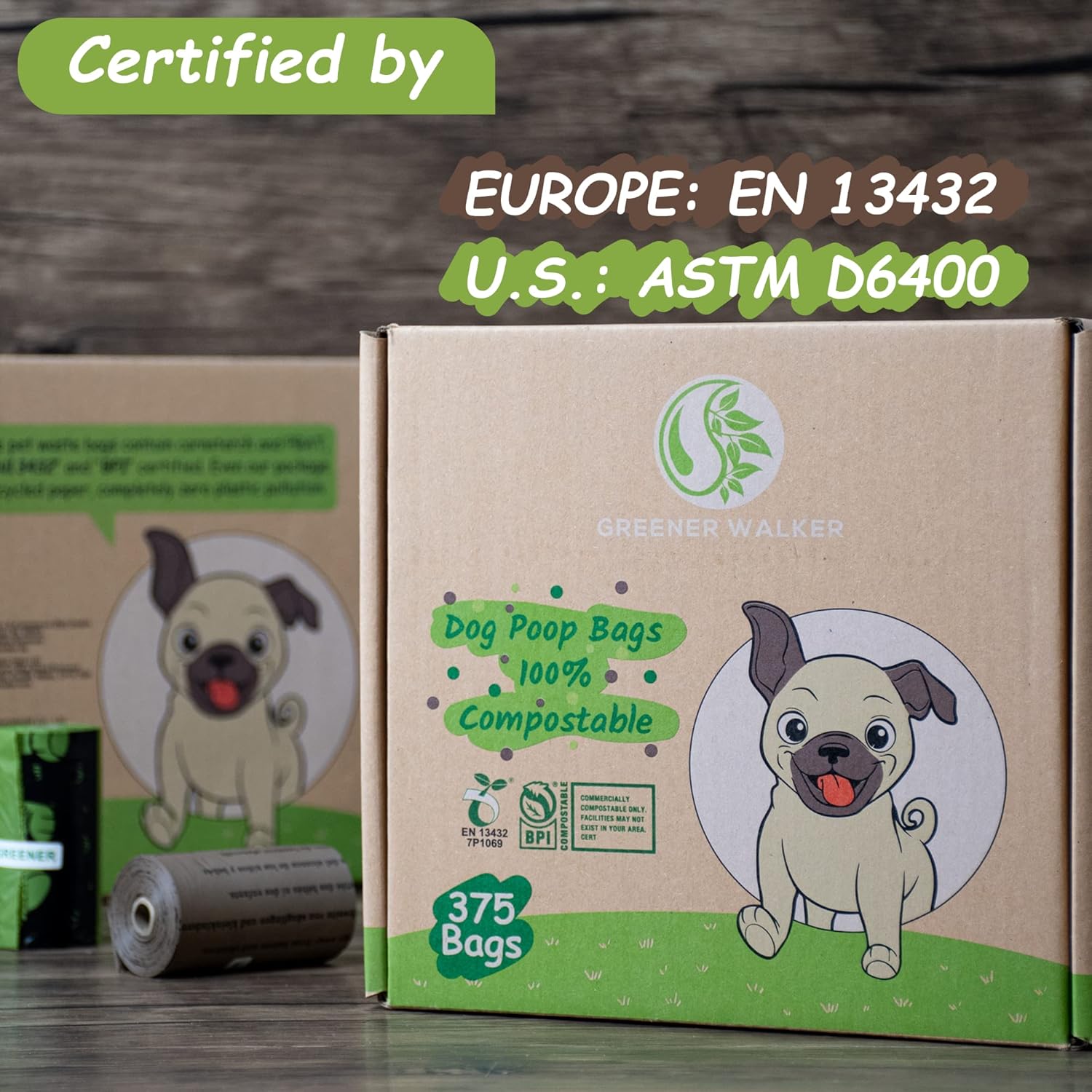 GREENER WALKER 100% Compostable Poo Bags for Dog Waste, 20% Extra Thick and Durable 225 Poop Bags, Leak Proof Biodegradable Dog Poo Bags with EN13432 and BPI Certified (Green)-3