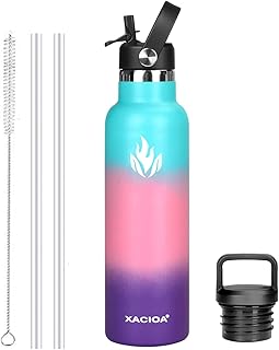 XACIOA Water Bottle Stainless Steel With Straw -for Hot/Cold Drinks 500/750/1000ml Vacuum Insulated Flask Leak Proof Drink Bottle,BPA Free - with 2 Replacement Lid and Straw Brush