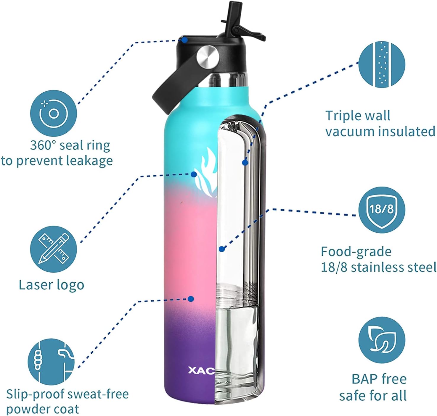 XACIOA Water Bottle Stainless Steel With Straw -for Hot/Cold Drinks 500/750/1000ml Vacuum Insulated Flask Leak Proof Drink Bottle,BPA Free - with 2 Replacement Lid and Straw Brush-2