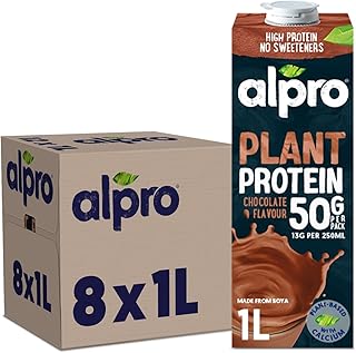 Alpro Chocolate Soya High Protein Plant-Based Long Life Drink, Vegan & Dairy Free, 1 Litre (Pack of 8)