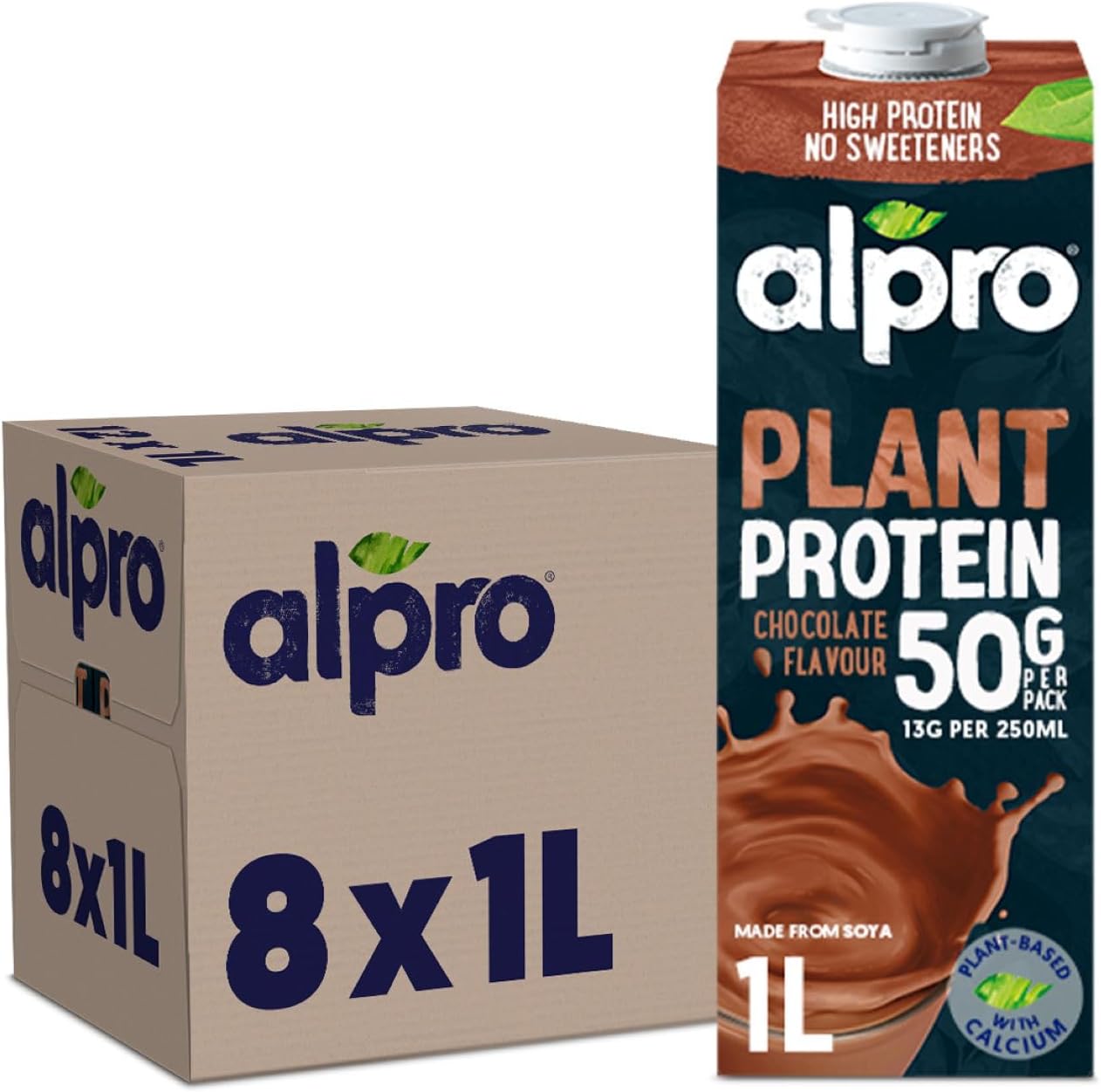 Alpro Chocolate Soya High Protein Plant-Based Long Life Drink, Vegan & Dairy Free, 1 Litre (Pack of 8)-0