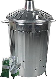 simpahome 125L Locking Lid Galvanised Incinerator and Pair of Reinforced Rigger Gloves.