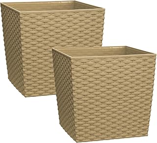 simpahome 10 Litre Cubie Rattan Plastic Planters - Beige, Set of 2 Pots - 22cm (H) x 22cm (W) x 22cm (D)