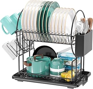 2 Tier Black Dish Drainer Rack with Drip Tray, Stainless Steel Draining Dish drainer with Draining Board and Utensils Holder, Dish Drying Rack for Small Kitchen Countertop