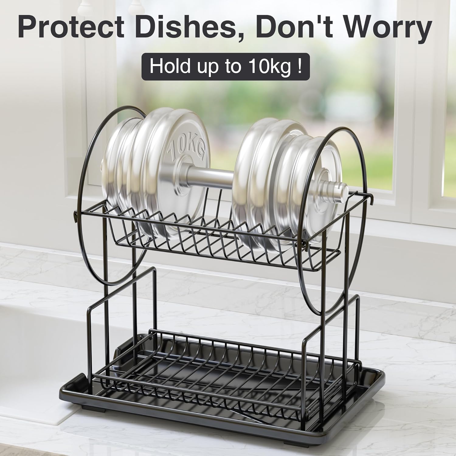 2 Tier Black Dish Drainer Rack with Drip Tray, Stainless Steel Draining Dish drainer with Draining Board and Utensils Holder, Dish Drying Rack for Small Kitchen Countertop-2