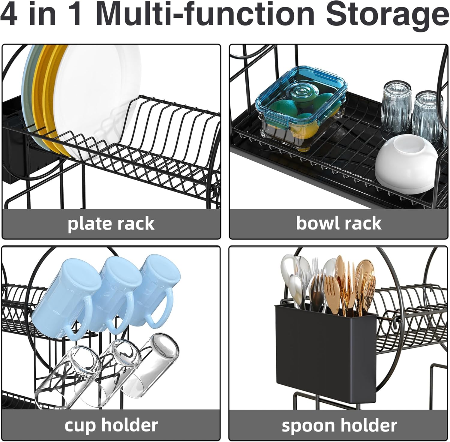 2 Tier Black Dish Drainer Rack with Drip Tray, Stainless Steel Draining Dish drainer with Draining Board and Utensils Holder, Dish Drying Rack for Small Kitchen Countertop-4