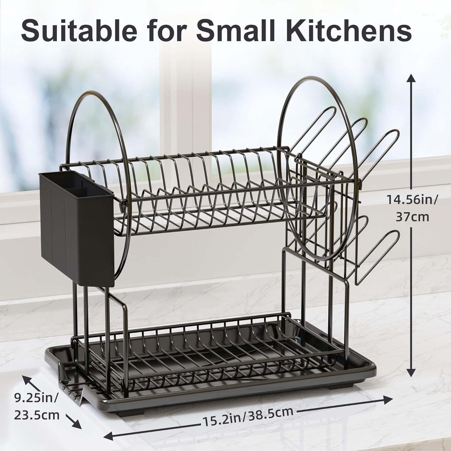 2 Tier Black Dish Drainer Rack with Drip Tray, Stainless Steel Draining Dish drainer with Draining Board and Utensils Holder, Dish Drying Rack for Small Kitchen Countertop-5