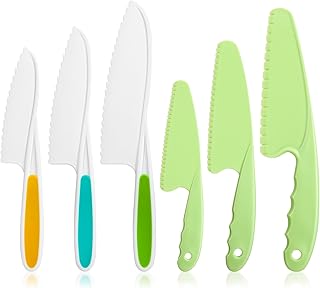 AKlamater 6 Pcs Kitchen Safety Knives for Kids, Children's Cooking Knives Firm Grip, Serrated Edges for Vegetables, Fruits, Salad, Cake (Green Blue Yellow)