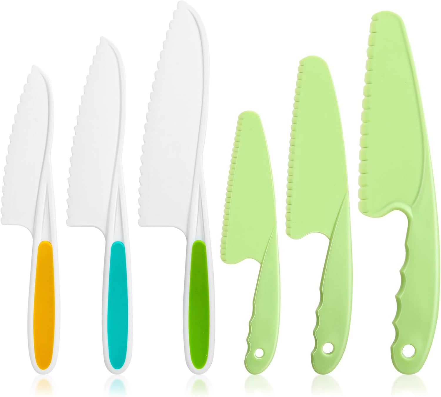 AKlamater 6 Pcs Kitchen Safety Knives for Kids, Children's Cooking Knives Firm Grip, Serrated Edges for Vegetables, Fruits, Salad, Cake (Green Blue Yellow)-0