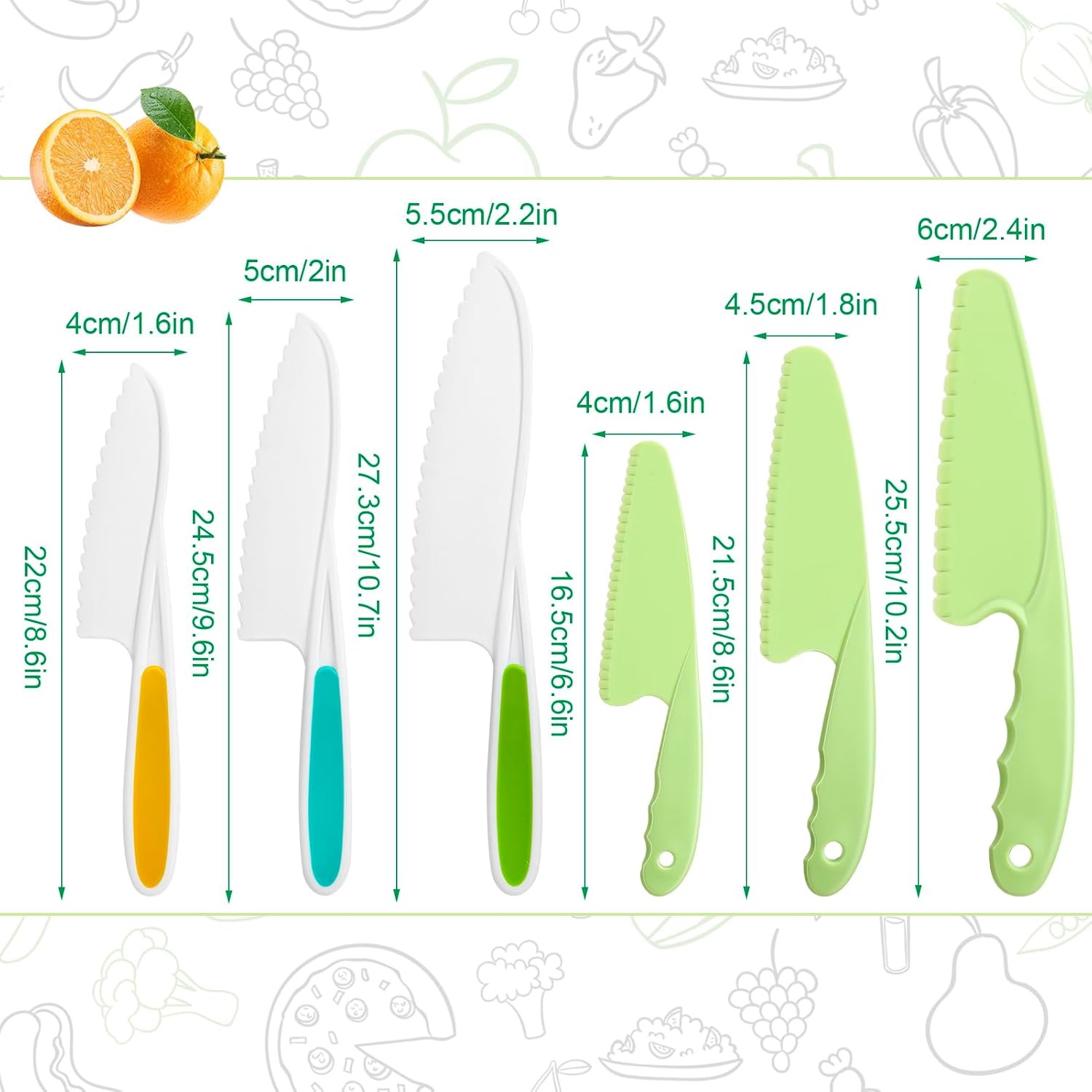 AKlamater 6 Pcs Kitchen Safety Knives for Kids, Children's Cooking Knives Firm Grip, Serrated Edges for Vegetables, Fruits, Salad, Cake (Green Blue Yellow)-1