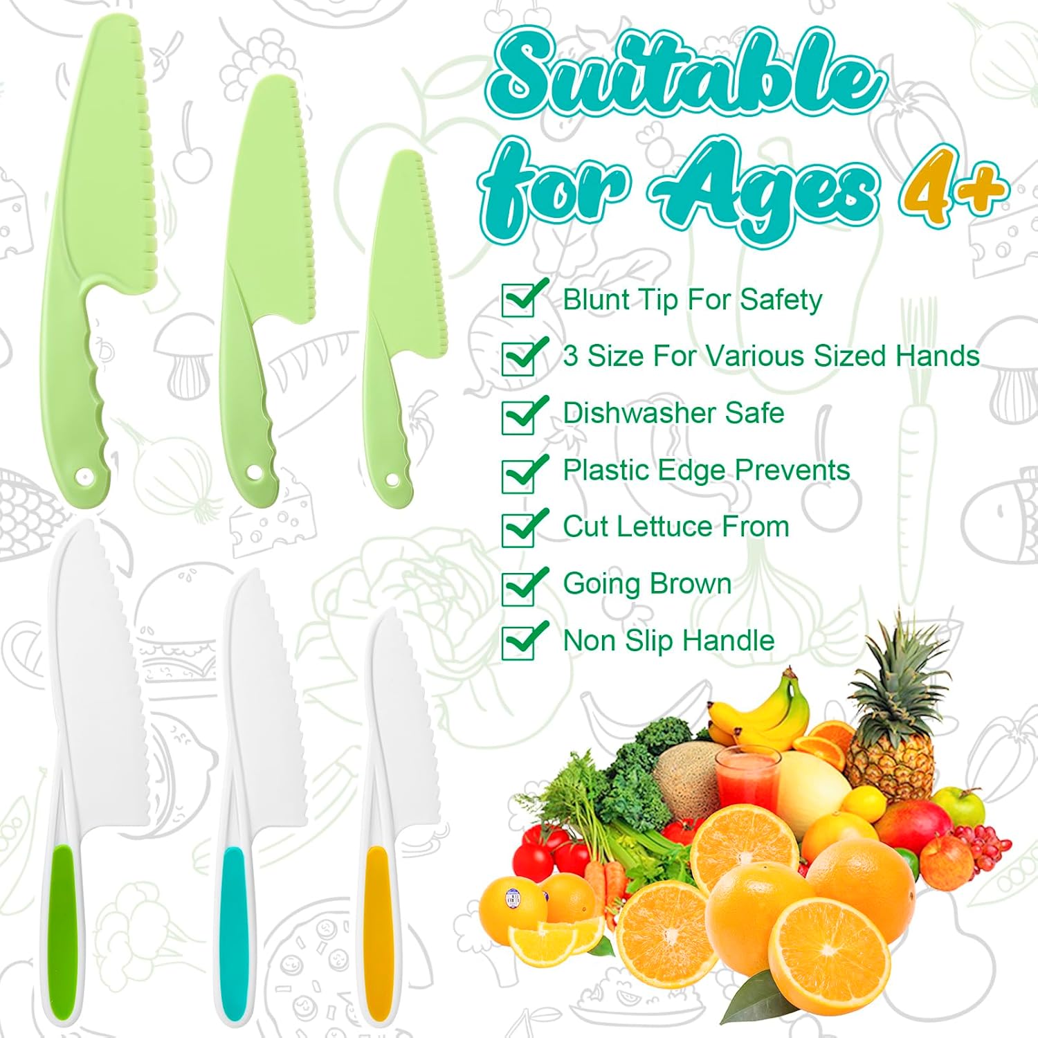 AKlamater 6 Pcs Kitchen Safety Knives for Kids, Children's Cooking Knives Firm Grip, Serrated Edges for Vegetables, Fruits, Salad, Cake (Green Blue Yellow)-2