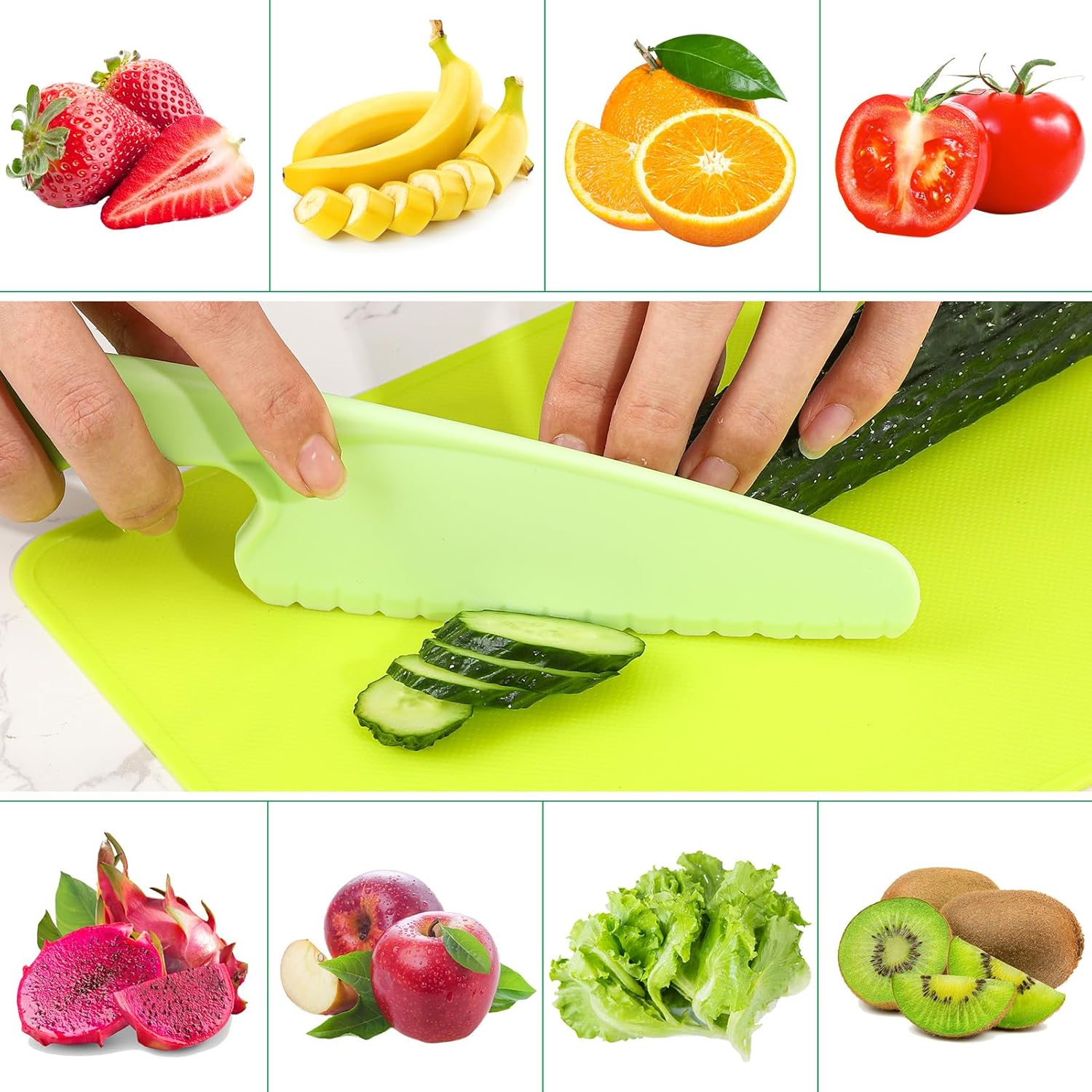 AKlamater 6 Pcs Kitchen Safety Knives for Kids, Children's Cooking Knives Firm Grip, Serrated Edges for Vegetables, Fruits, Salad, Cake (Green Blue Yellow)-3