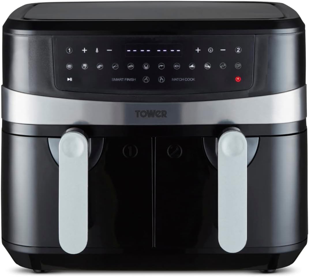 Tower T17088 Vortx 9L Dual Basket Air Fryer with Smart Finish, 2600W, Black-0