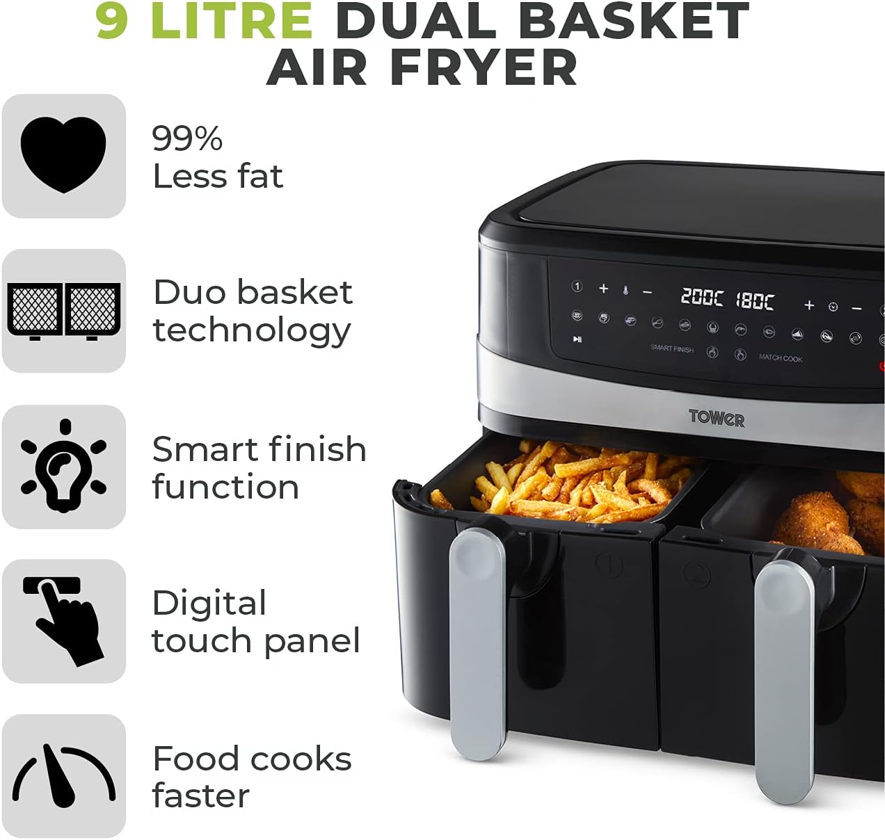 Tower T17088 Vortx 9L Dual Basket Air Fryer with Smart Finish, 2600W, Black-1