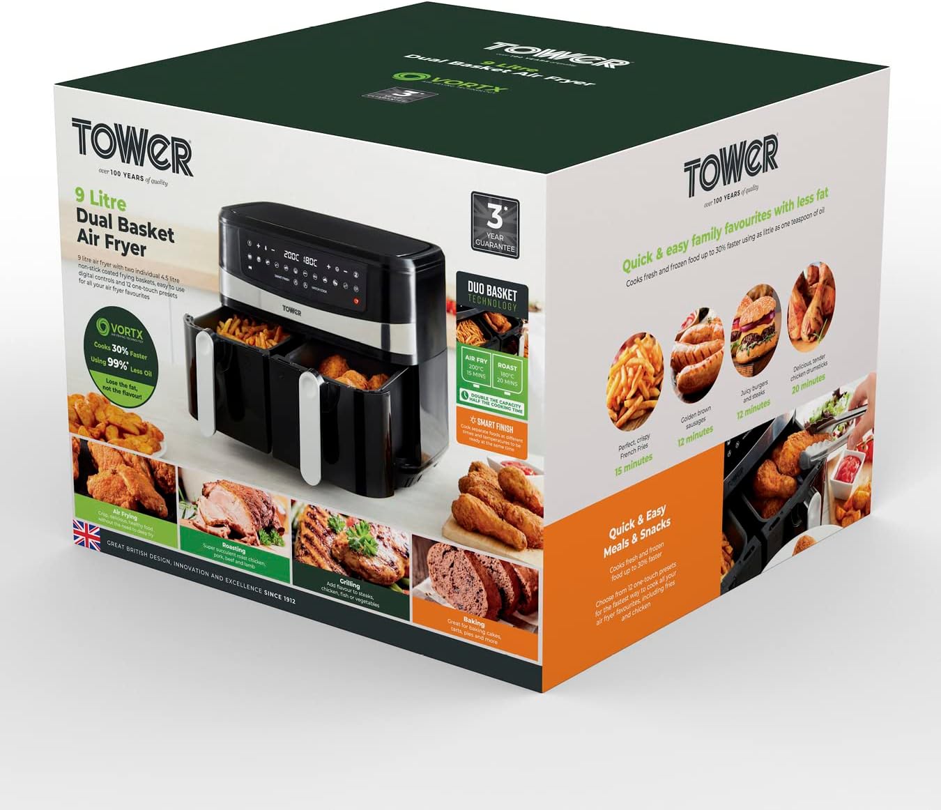 Tower T17088 Vortx 9L Dual Basket Air Fryer with Smart Finish, 2600W, Black-9