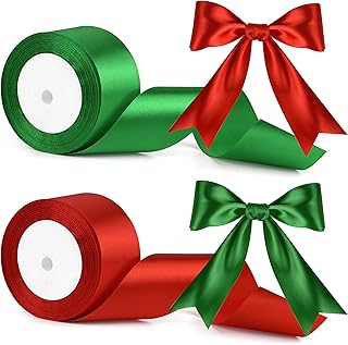 FEPITO 2 Inch Wide Satin Ribbons for Crafts 2 Rolls Christmas Satin Ribbon Solid Red Green Ribbons for DIY Art Craft Wrapping Christmas Decor