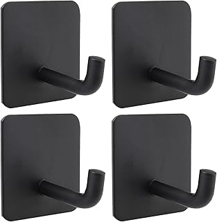 nuoshen 4 Pieces Self Adhesive Hooks, Black Heavy Duty Towel Wall Sticky Hooks Stainless Coat Door Hooks for Bathrooms Kitchen Lavatory Closet Bedroom