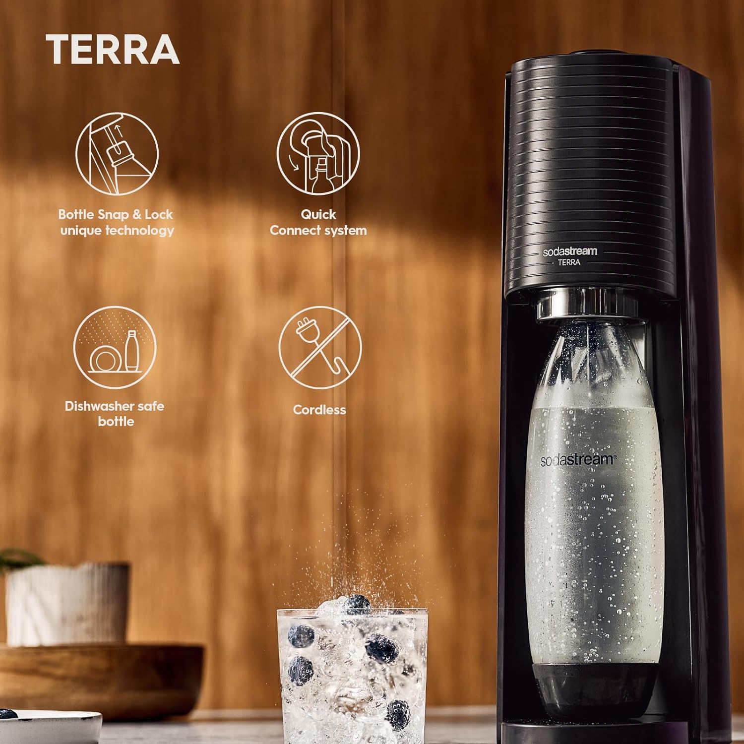 sodastream Terra Sparkling Water Maker, Sparkling Water Machine & 1L Fizzy Water Bottle, Retro Drinks Maker w. BPA-Free Water Bottle & Quick Connect Co2 Gas Bottle for Home Carbonated Water - Black-3