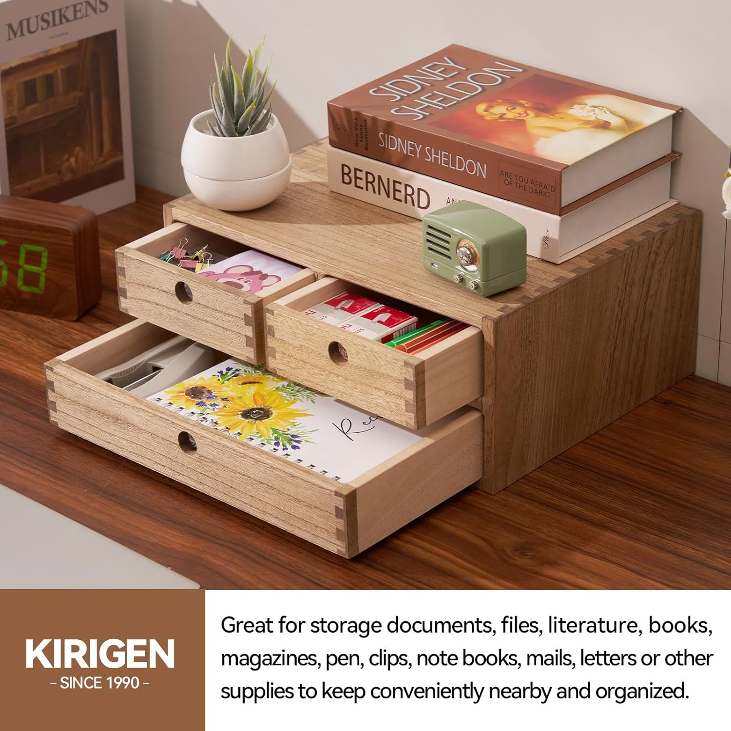 KIRIGEN Wooden Desktop Organizer Office Supplies Filing Tidy Storage Shelf Storage Cabinet Jewelry Organizer with 3 Drawers Dark Brown-2