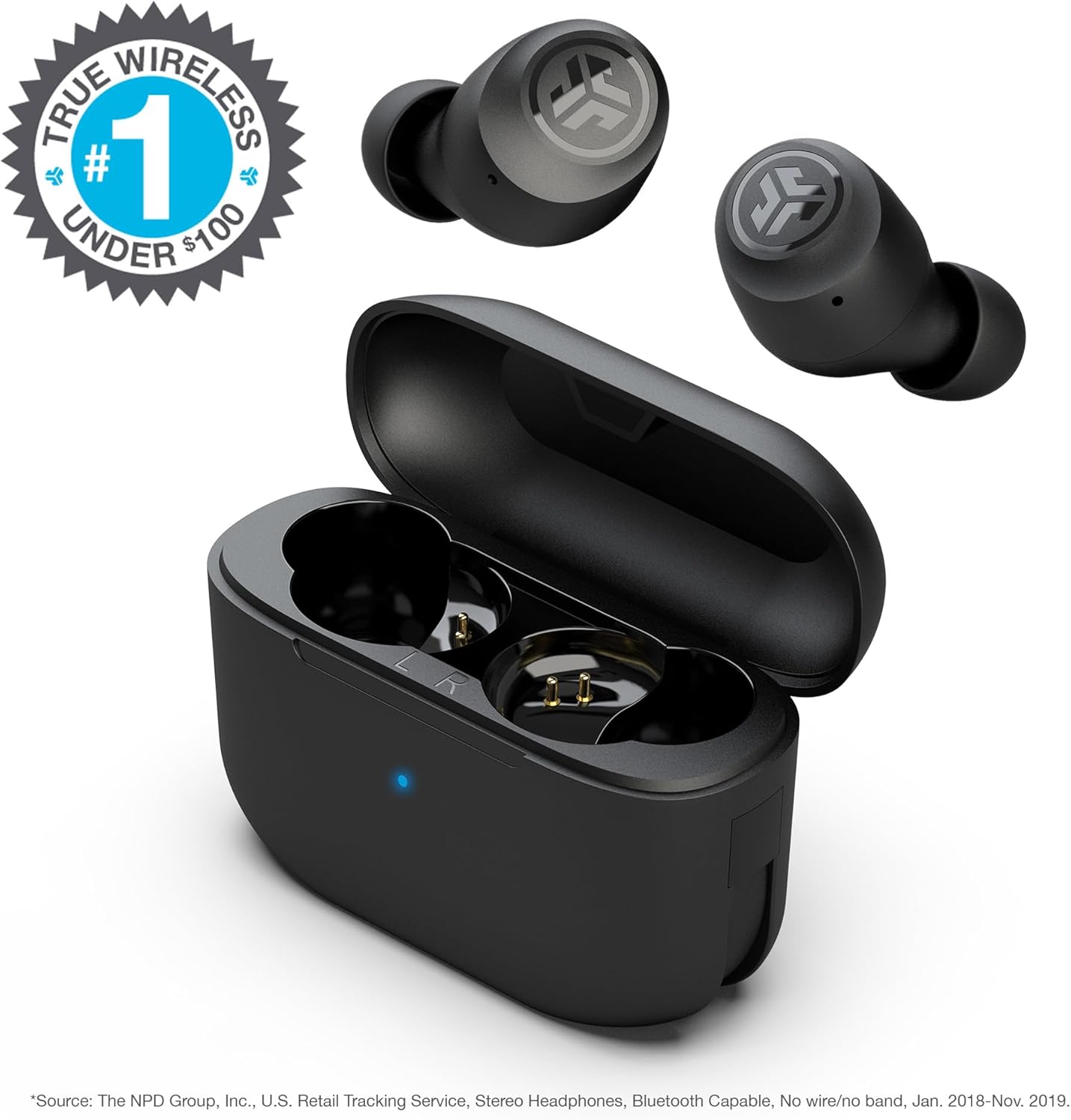 JLab Go Air Pop True Wireless Earbuds, In Ear Headphones, Bluetooth Earphones, Ear Buds with 32H Playtime, Bluetooth Earbuds with Microphone, USB Charging Case, Dual Connect, EQ3 Sound, Black-1