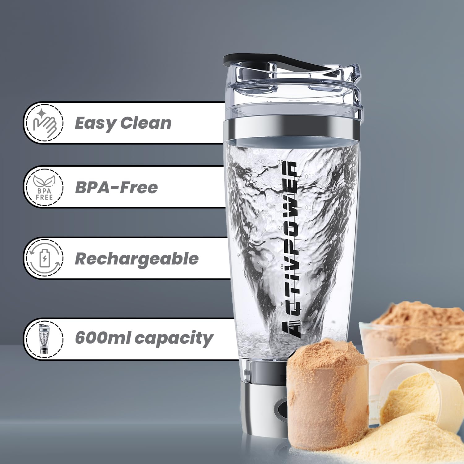 ActivPower ActivShaker Electric Protein Shaker | USB Rechargeable, Portable Powerful Mixer for Smooth Shakes Pre | 600ml Portable, BPA Free, Easy Clean, Silver Bottle | Perfect for Gym Workouts-4