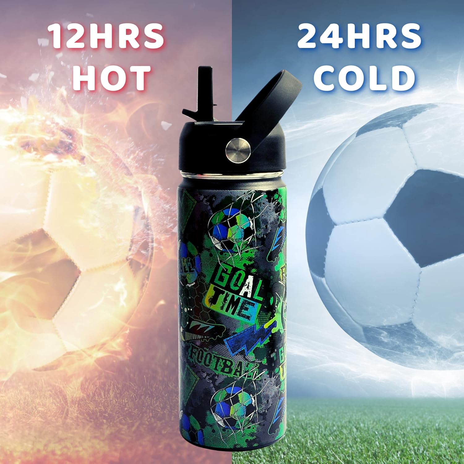 Kids Insulated Water Bottle with Straw - Stainless Steel Water Bottle - Kids Water Bottles for School - Stainless Steel Kids Water Bottle - 515ml Girls and Boys Water Bottle (Football)-5