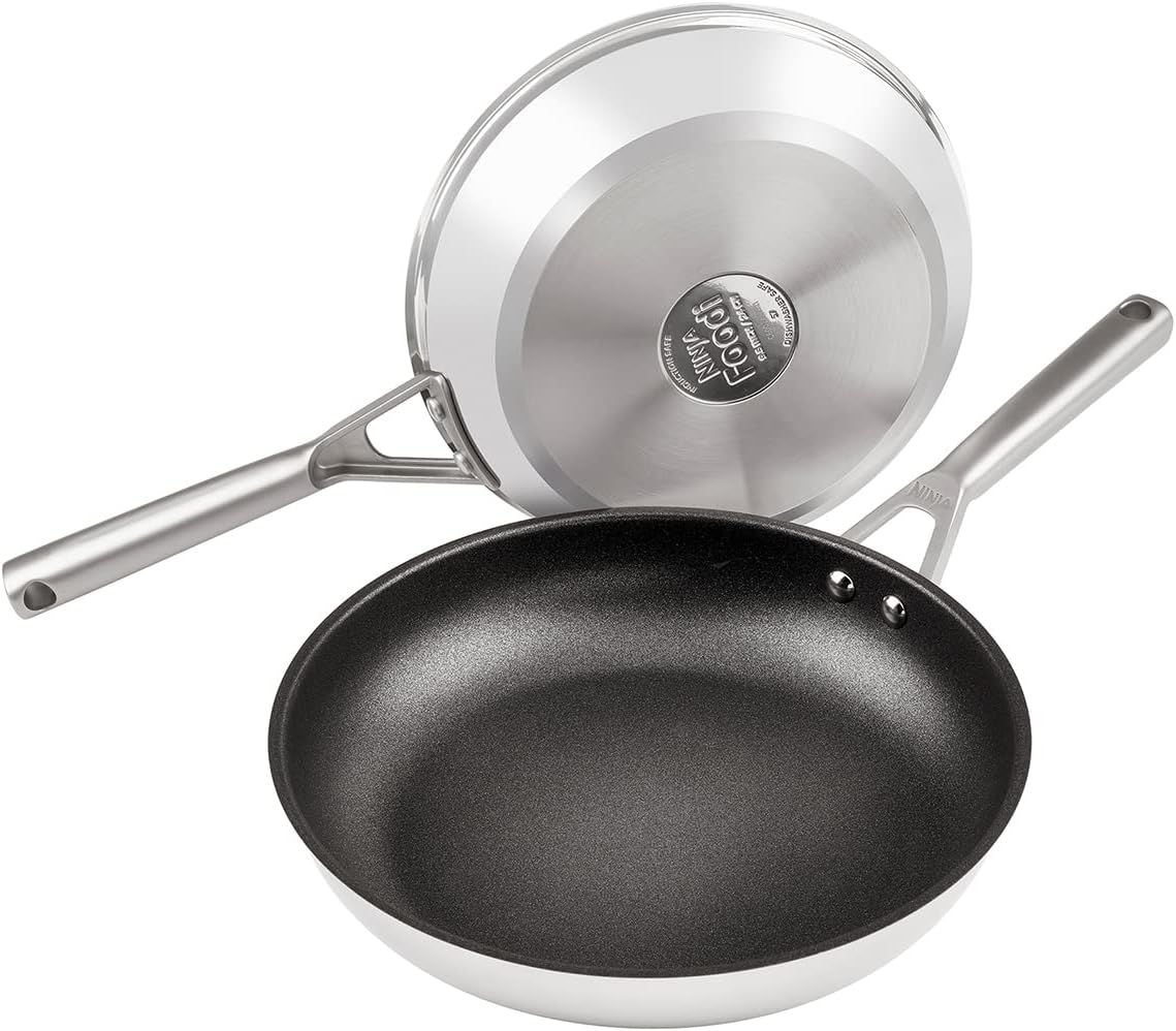 Ninja ZEROSTICK 2-Piece Frying Pan Set, Stainless Steel Cookware, Long Lasting Non Stick, Frying Pans 2-Piece Set 24cm/28cm, Dishwasher Safe Induction Compatible, Stainless Steel C62200UK-0