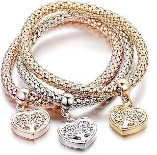 AONAT Crystal Charms Multilayer Bracelets - 3PCS Gold/Silver/Rose Gold Corn Chain Bracelet for Women, Tree of Life Stretch Bracelet