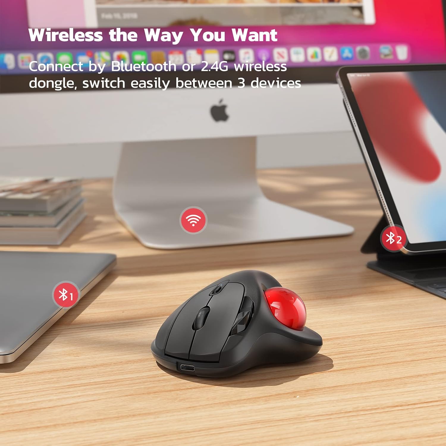 Nulea M501 Wireless Trackball Mouse, Rechargeable Ergonomic Mouse, Easy Thumb Control, Precise & Smooth Tracking, 3 Device Connection (Bluetooth or USB), Compatible for PC, Mac, Windows, Android-3