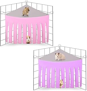 AKlamater 2 Packs Guinea Pig Hideout Corner Hideaway Hammock Corner, Fabric Forest Curtain Hideouts for Small Animals, Hammock Hanging Bed Corner for Hamster Guinea Pig Squirrel Rabbit(Pink+Purple)