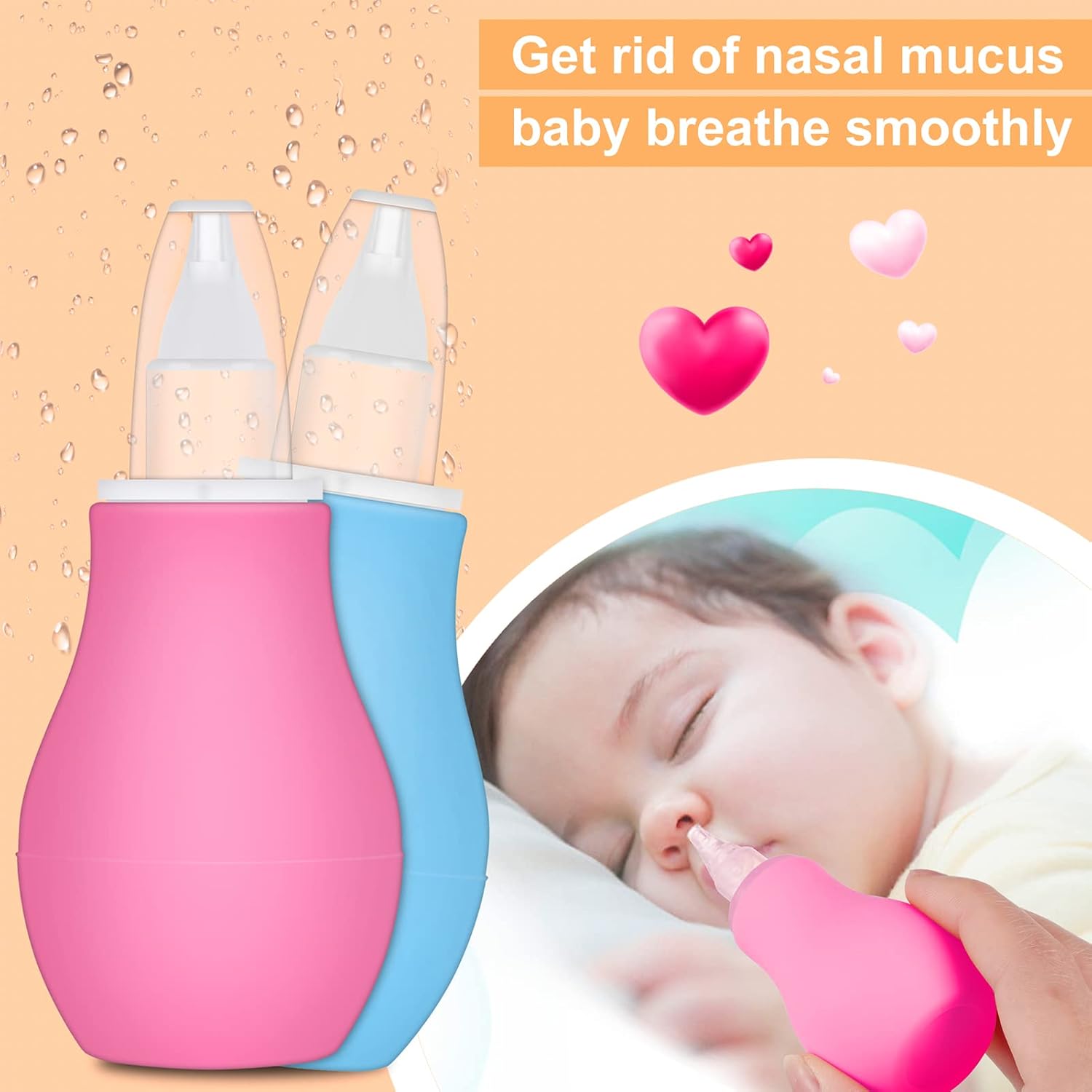 AKlamater 2 Pcs Baby Nasal Aspirator, Nasal Aspirator Newborn, Baby Nose Sucker Baby Nose Cleaner Baby Nasal Cleaner Mucus Removal for Newborns(Pink+Blue)-6