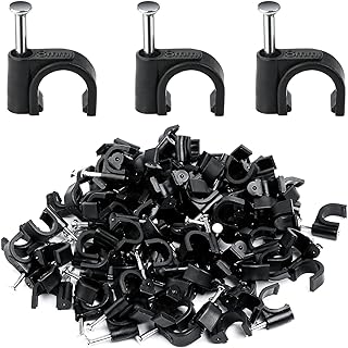 Nail-in Round Cable Clips, 200 Pack Steel Nails Tacks Holder Ethernet Cable Clips, Nail Clips for Wires, 8mm Flat Cable Clips Cord Organizer for Organizing Electrical Wires Cables Line TV (Black)