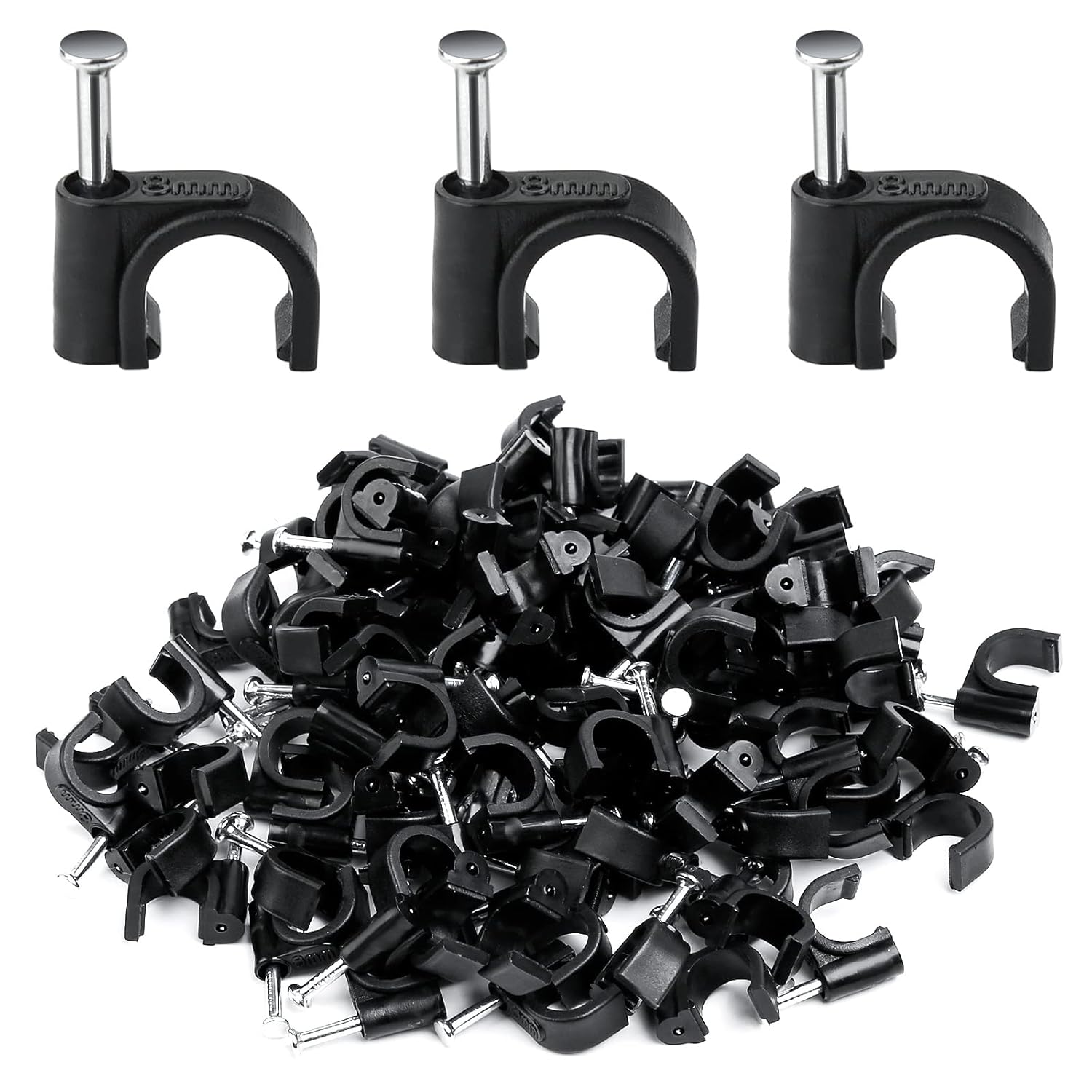 Nail-in Round Cable Clips, 200 Pack Steel Nails Tacks Holder Ethernet Cable Clips, Nail Clips for Wires, 8mm Flat Cable Clips Cord Organizer for Organizing Electrical Wires Cables Line TV (Black)-0