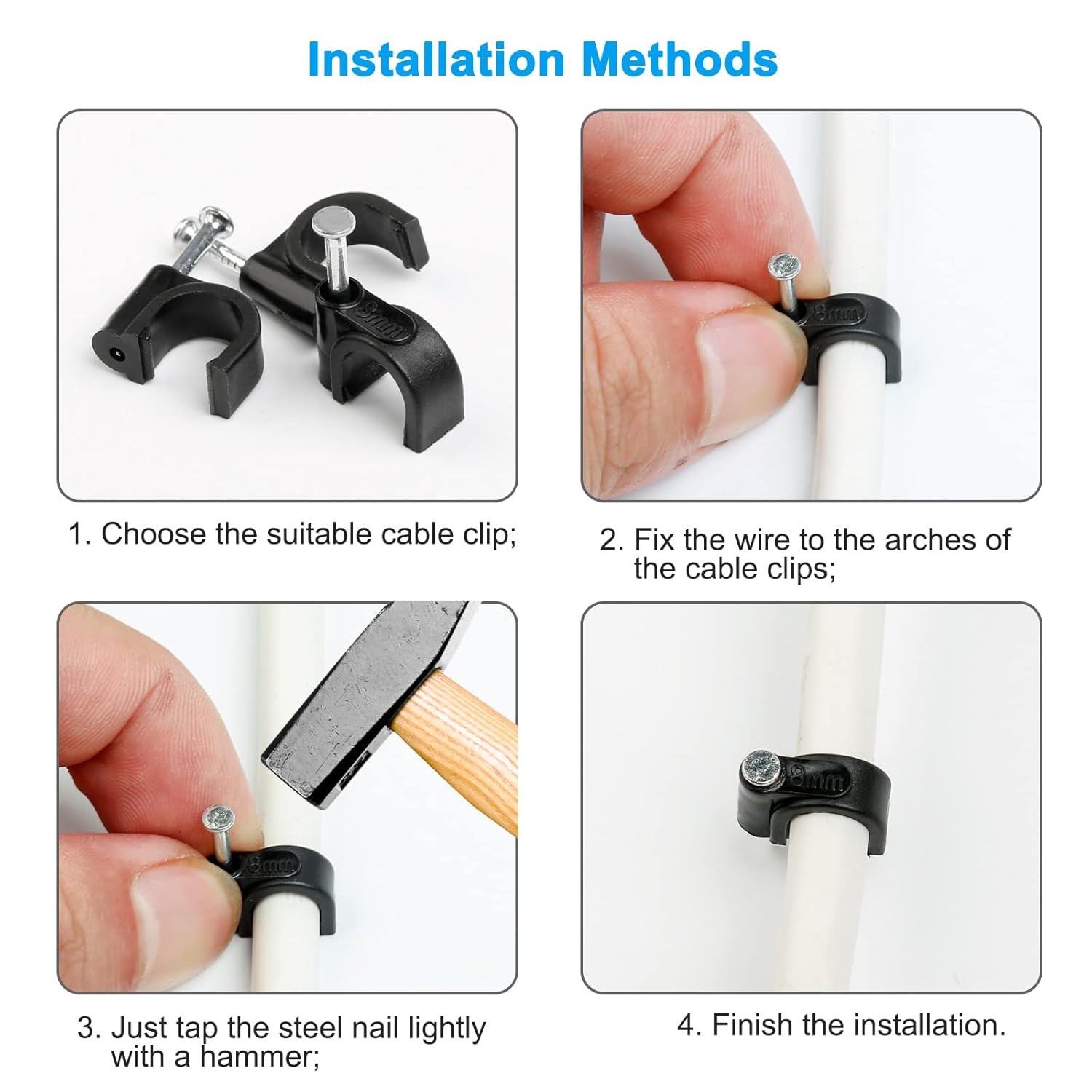 Nail-in Round Cable Clips, 200 Pack Steel Nails Tacks Holder Ethernet Cable Clips, Nail Clips for Wires, 8mm Flat Cable Clips Cord Organizer for Organizing Electrical Wires Cables Line TV (Black)-3