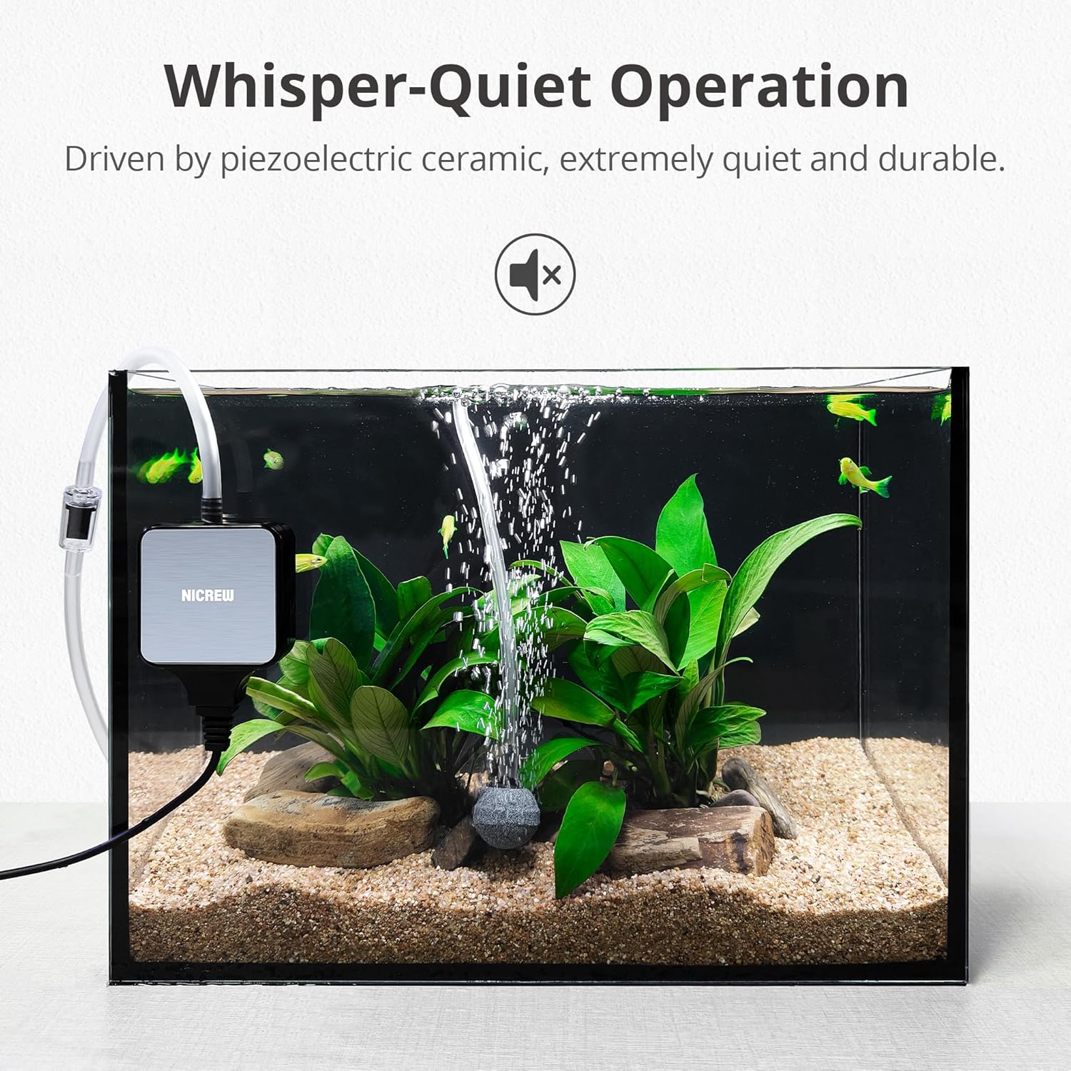 NICREW Nano Silent Aquarium Air Pump, Ultra Quiet Air Aerator Pump with Single Outlet, Oxygen Pump for 10-40L Fish Tanks, Accessories Included-1