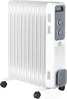 HOMCOM 2500W Oil Filled Radiator, 11 Fin, Portable Electric Heater with 3 Heat Settings, Safety Cut-Off and Wheels, White