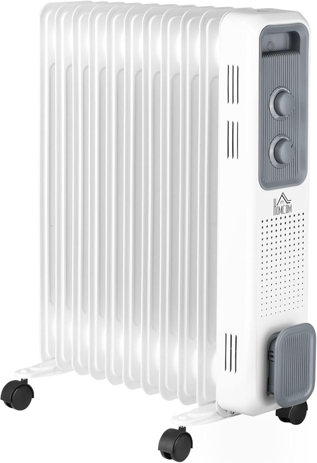 HOMCOM 2500W Oil Filled Radiator, 11 Fin, Portable Electric Heater with 3 Heat Settings, Safety Cut-Off and Wheels, White-0