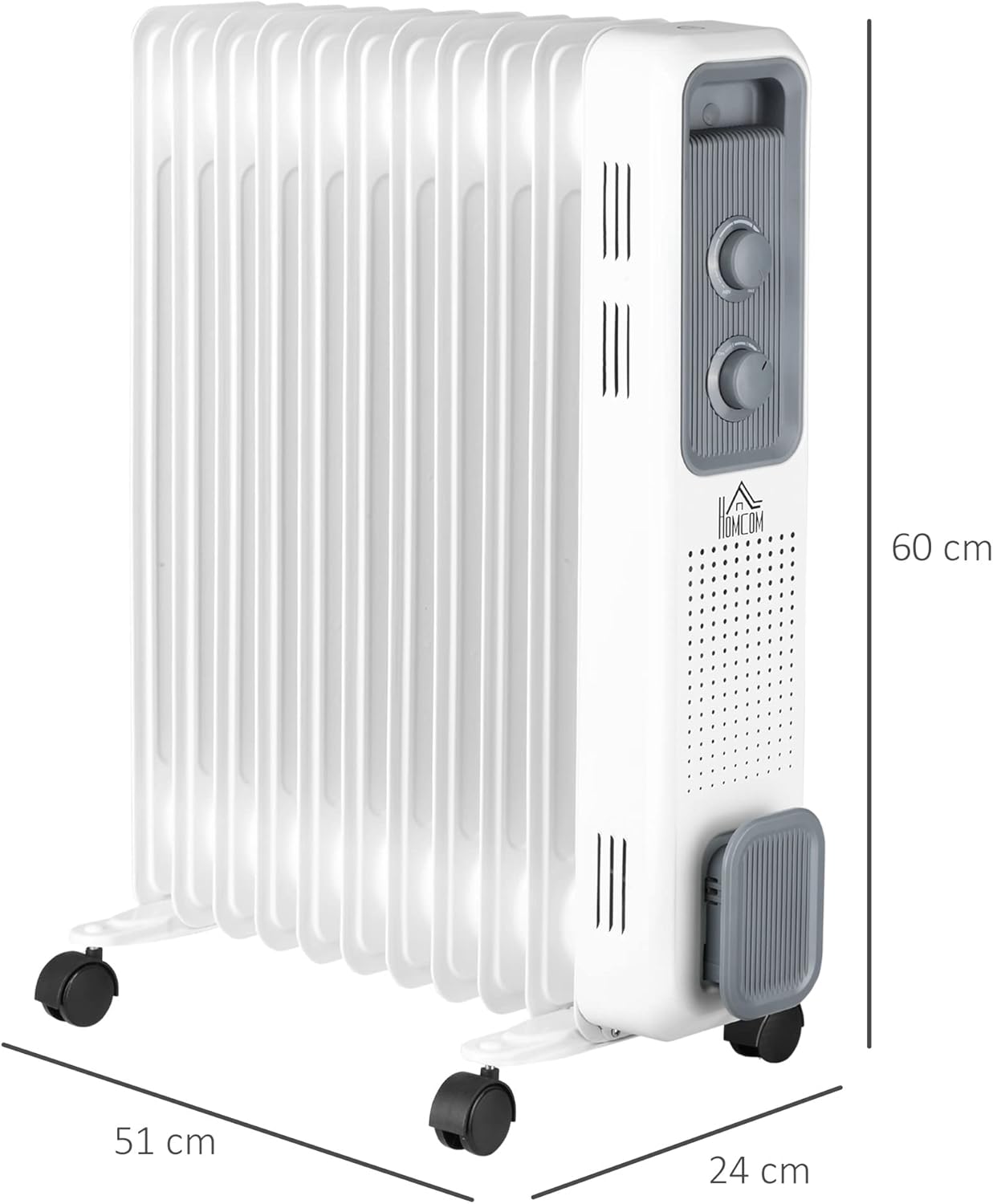 HOMCOM 2500W Oil Filled Radiator, 11 Fin, Portable Electric Heater with 3 Heat Settings, Safety Cut-Off and Wheels, White-4