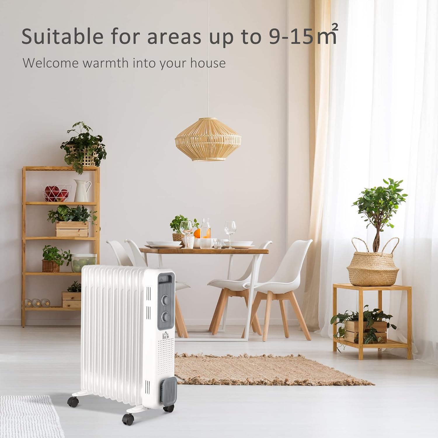 HOMCOM 2500W Oil Filled Radiator, 11 Fin, Portable Electric Heater with 3 Heat Settings, Safety Cut-Off and Wheels, White-6