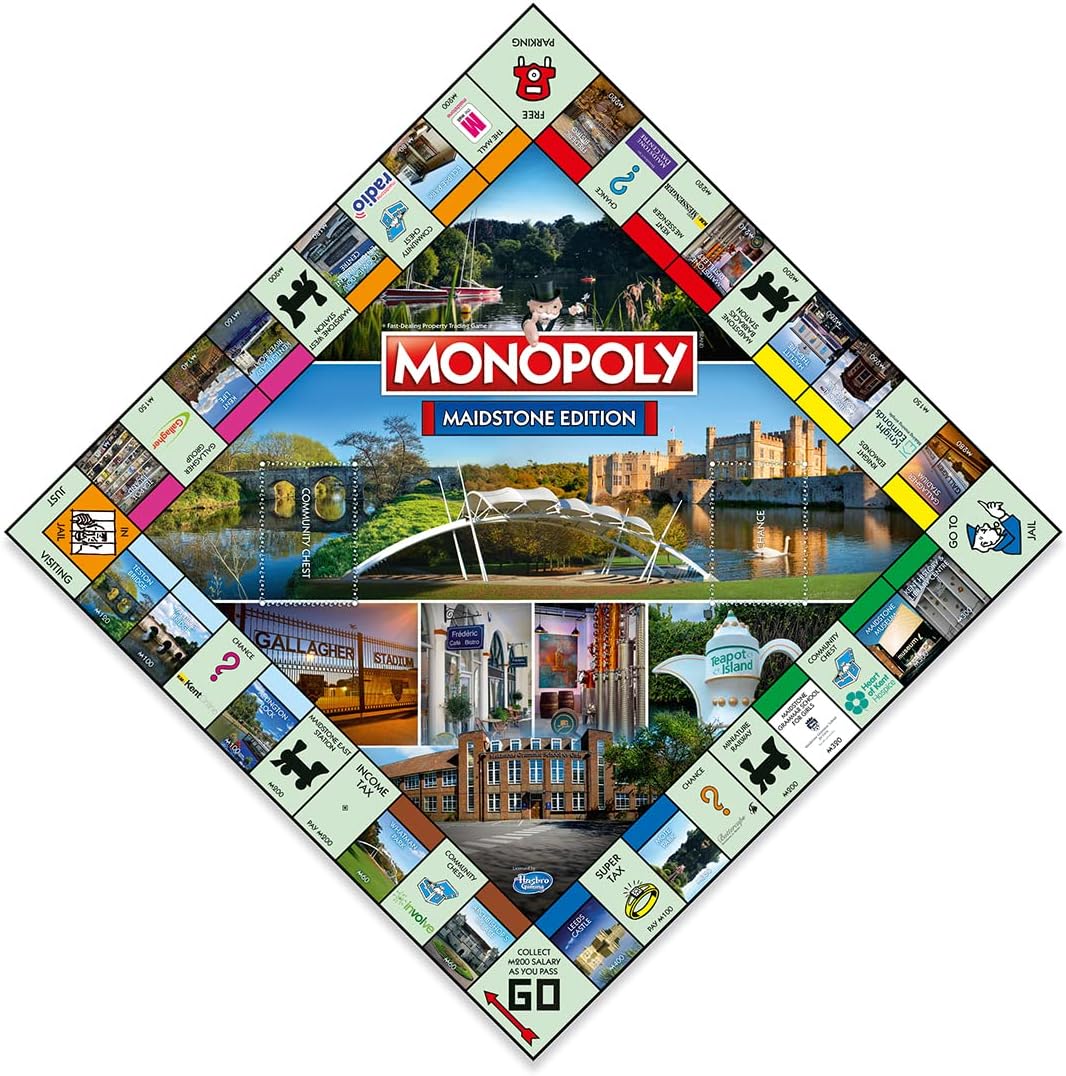 Winning Moves Maidstone Monopoly Board Game, Advance to Yalding Bridge, Teapot Island and the Hazlitt Theatre, 2–6 players makes a great gift for players aged 8 plus-2