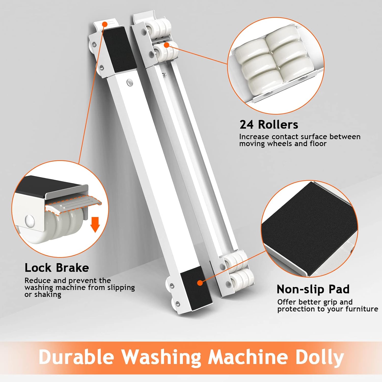 Ronlap Furniture Washing Machine Dolly, Adjustable Furniture Moving Roller Wheels, Portable Washer Dryer Fridge Mobile Rolling Base, Compact Washing Machine Refrigerator Stand with Brake, White-1