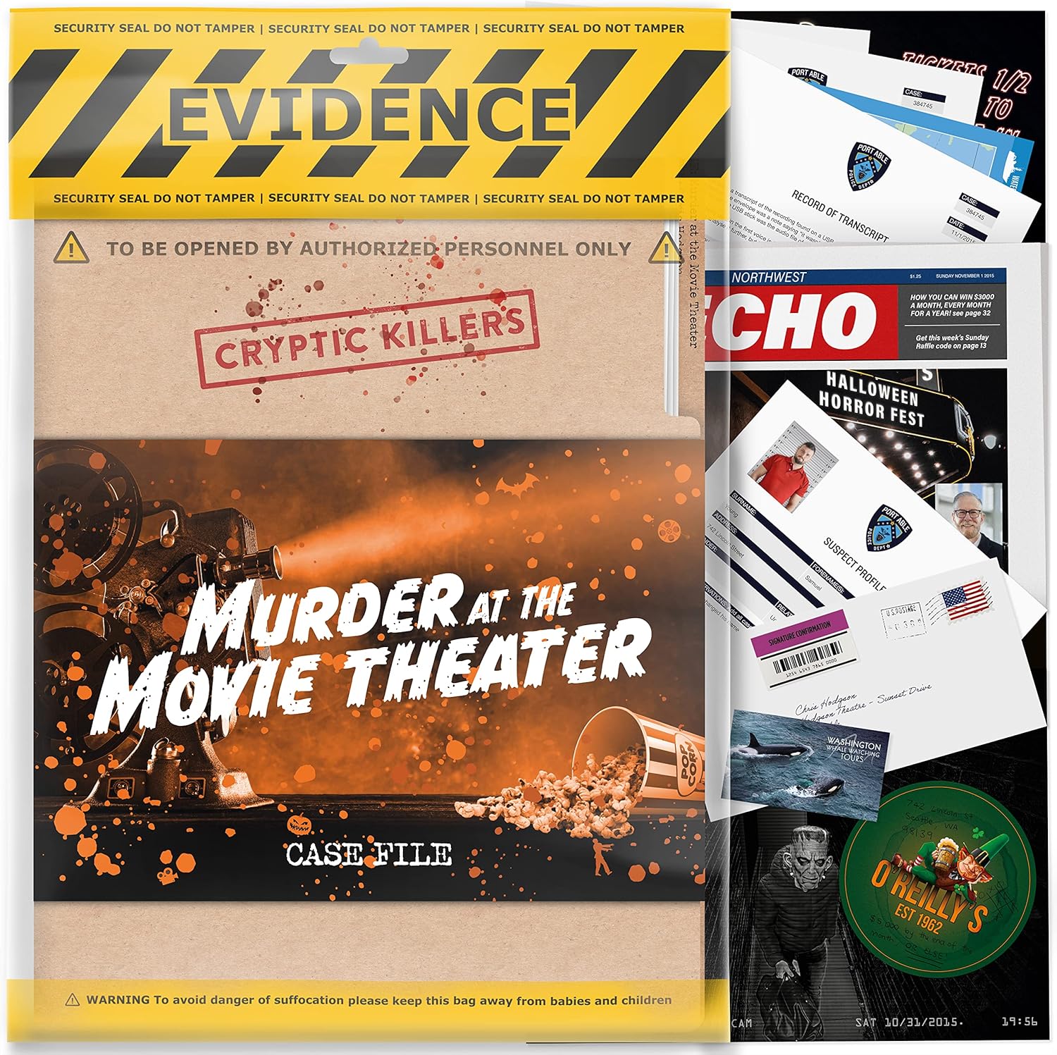 Cryptic Killers Unsolved mystery game - Cold Case Files Investigation - Detective clues/evidence - Solve the crime - Individuals, date nights & party groups - Murder at the Movie Theater-0