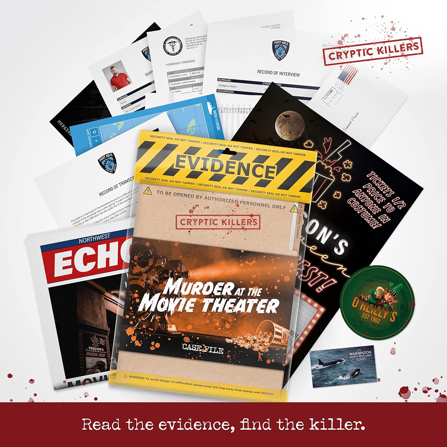 Cryptic Killers Unsolved mystery game - Cold Case Files Investigation - Detective clues/evidence - Solve the crime - Individuals, date nights & party groups - Murder at the Movie Theater-5