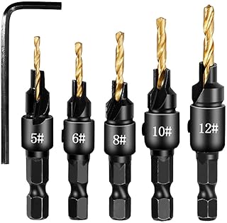 5Pcs Countersink Drill Bit Set,Titanium Plating 1/4inch Hex Shank Power Tools and HSS Quick Change Drill Bit Woodworking Chamfer Tool Adjustable for Wood Drilling,Plastic,Soft Metal,PVC