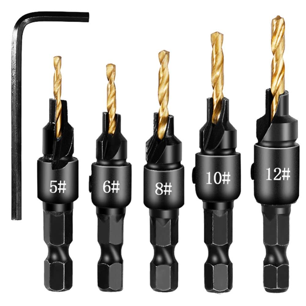 5Pcs Countersink Drill Bit Set,Titanium Plating 1/4inch Hex Shank Power Tools and HSS Quick Change Drill Bit Woodworking Chamfer Tool Adjustable for Wood Drilling,Plastic,Soft Metal,PVC-0