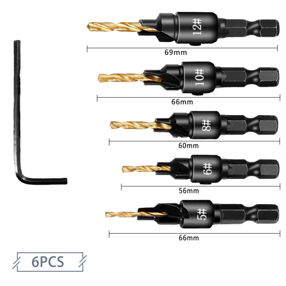 5Pcs Countersink Drill Bit Set,Titanium Plating 1/4inch Hex Shank Power Tools and HSS Quick Change Drill Bit Woodworking Chamfer Tool Adjustable for Wood Drilling,Plastic,Soft Metal,PVC-1