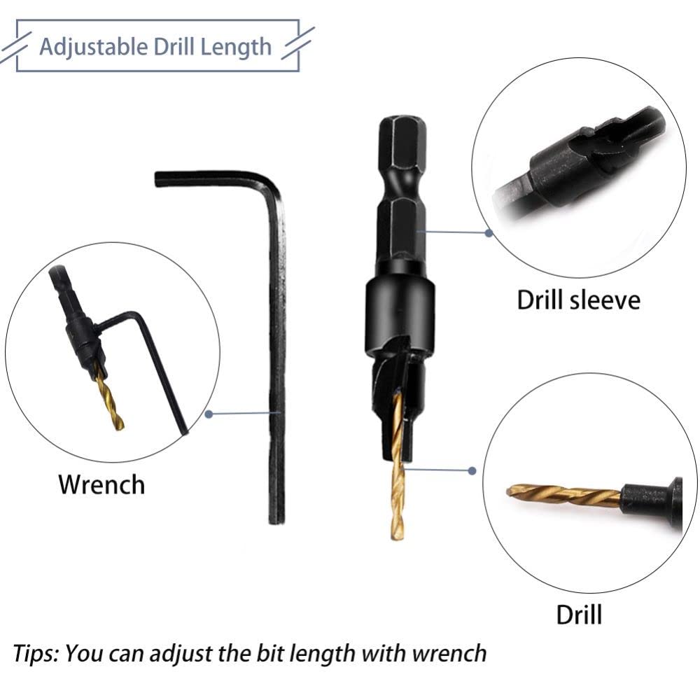 5Pcs Countersink Drill Bit Set,Titanium Plating 1/4inch Hex Shank Power Tools and HSS Quick Change Drill Bit Woodworking Chamfer Tool Adjustable for Wood Drilling,Plastic,Soft Metal,PVC-3