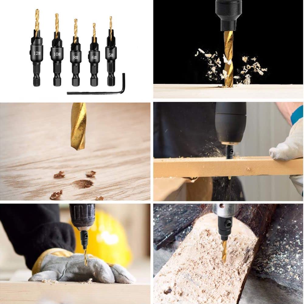 5Pcs Countersink Drill Bit Set,Titanium Plating 1/4inch Hex Shank Power Tools and HSS Quick Change Drill Bit Woodworking Chamfer Tool Adjustable for Wood Drilling,Plastic,Soft Metal,PVC-7